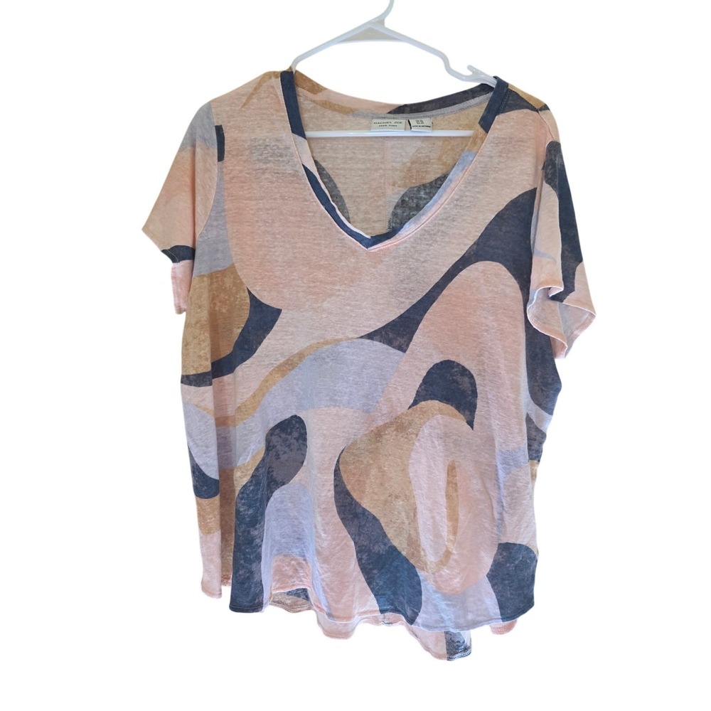 Rachel Zoe Linen Top 1x Womens Plus Size Geometric Print V Neck Short Sleeve